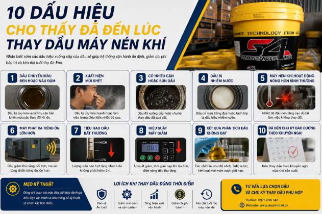 Infographic 10 dấu hiệu cho thấy đã đến lúc thay dầu máy nén khí để bảo vệ hệ thống và duy trì hiệu suất vận hành.