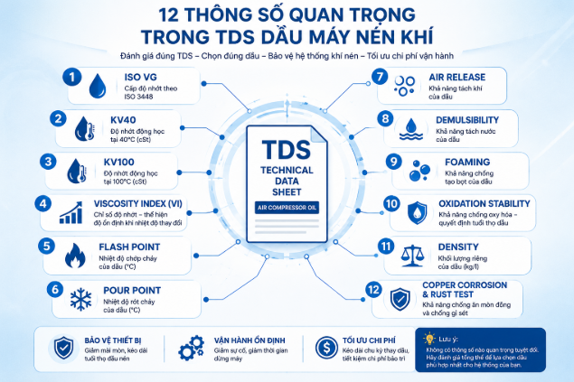 Infographic 12 thông số quan trọng trong TDS dầu máy nén khí gồm ISO VG, KV40, KV100, Viscosity Index, Flash Point, Air Release và Demulsibility.
