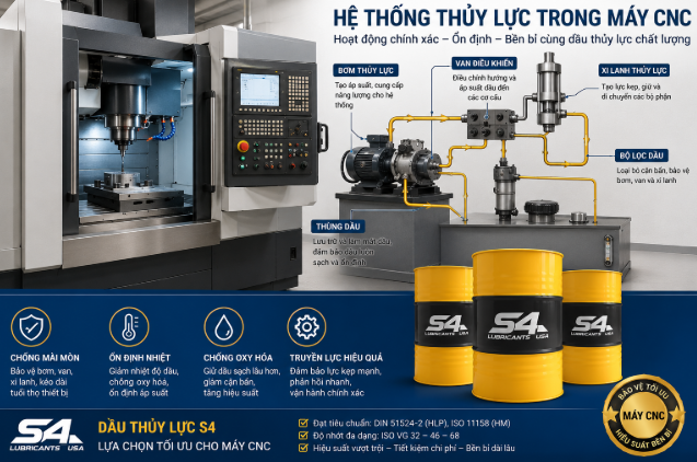 Hệ thống thủy lực trong máy CNC sử dụng dầu thủy lực S4 ISO VG 32, VG 46 và VG 68
