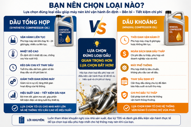 Infographic hướng dẫn nên chọn dầu máy nén khí tổng hợp hay dầu khoáng theo điều kiện vận hành, chi phí và hiệu suất.