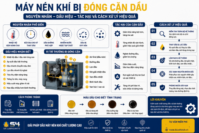 Infographic nguyên nhân, dấu hiệu, tác hại và cách xử lý máy nén khí bị đóng cặn dầu.