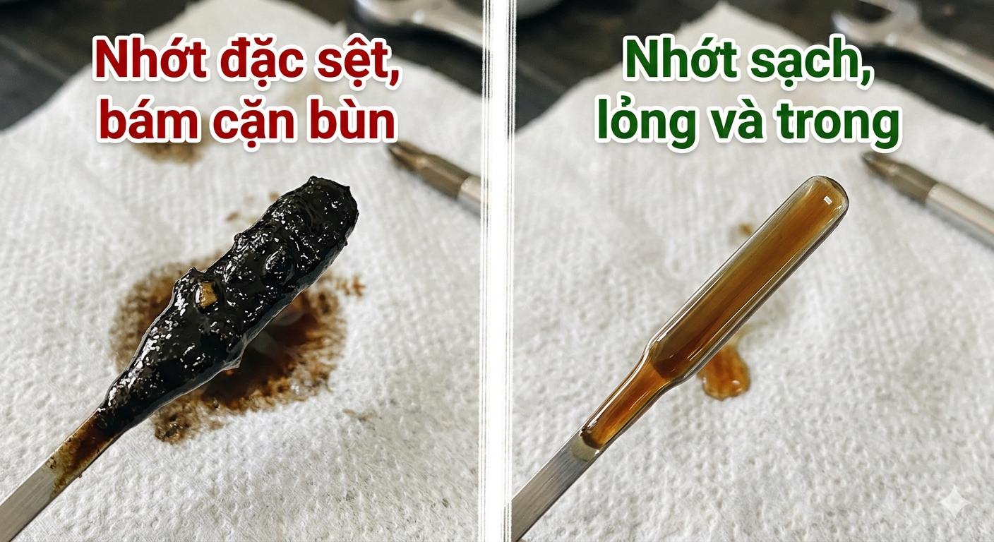 Que thăm nhớt bám cặn sền sệt