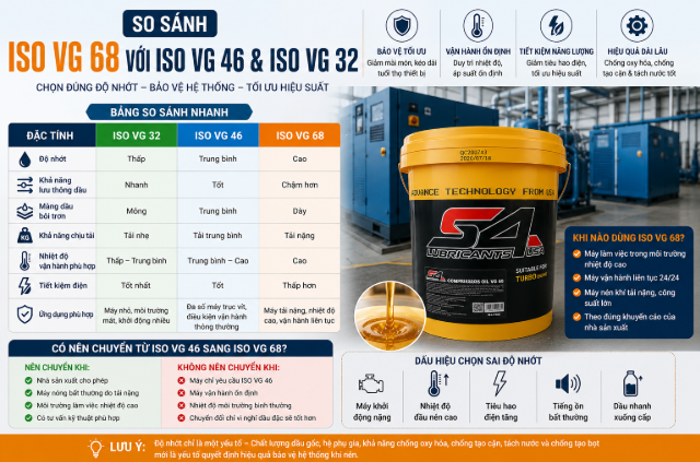 So sánh dầu máy nén khí ISO VG 68 với ISO VG 46 và ISO VG 32, hướng dẫn lựa chọn đúng độ nhớt cho máy nén khí.