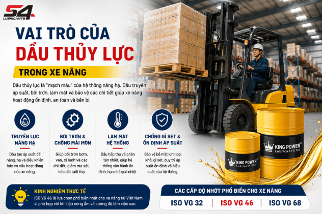 Vai trò của dầu thủy lực trong xe nâng giúp truyền lực, bôi trơn, làm mát và bảo vệ hệ thống thủy lực.