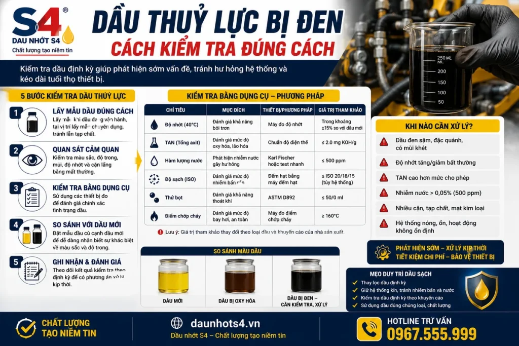 Cách kiểm tra dầu thủy lực bị đen và đánh giá tình trạng dầu