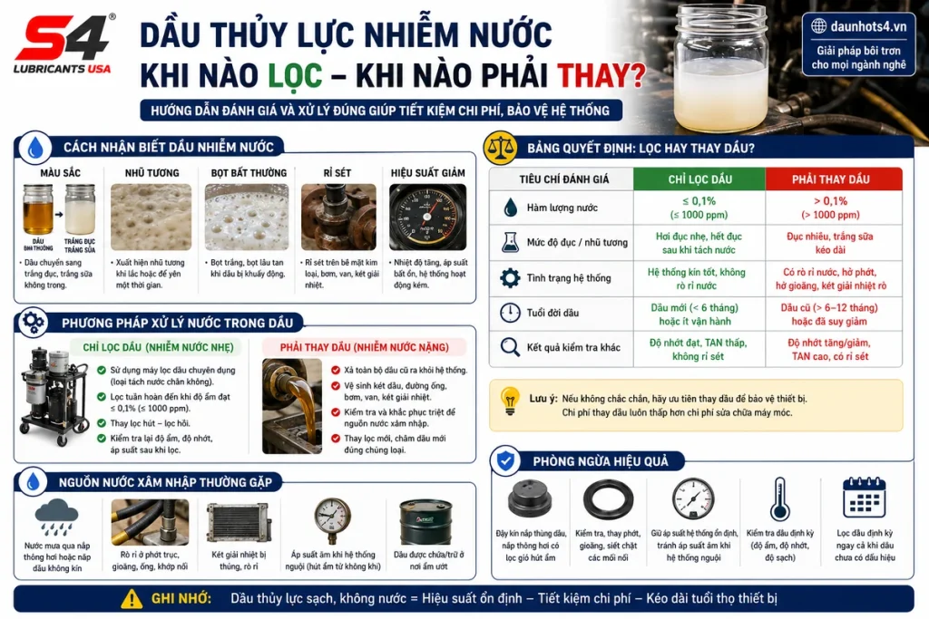 Dầu thủy lực nhiễm nước khi nào nên lọc và khi nào phải thay