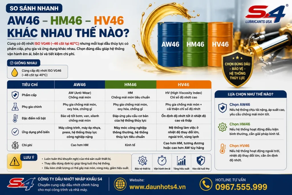 So sánh dầu thủy lực AW46 HM46 và HV46