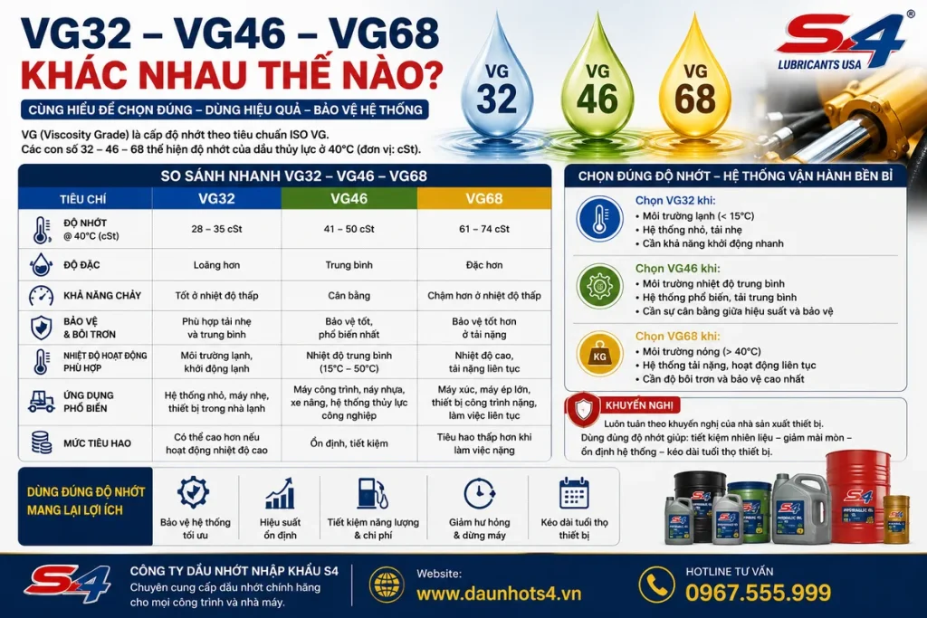 So sánh dầu thủy lực VG32 VG46 VG68