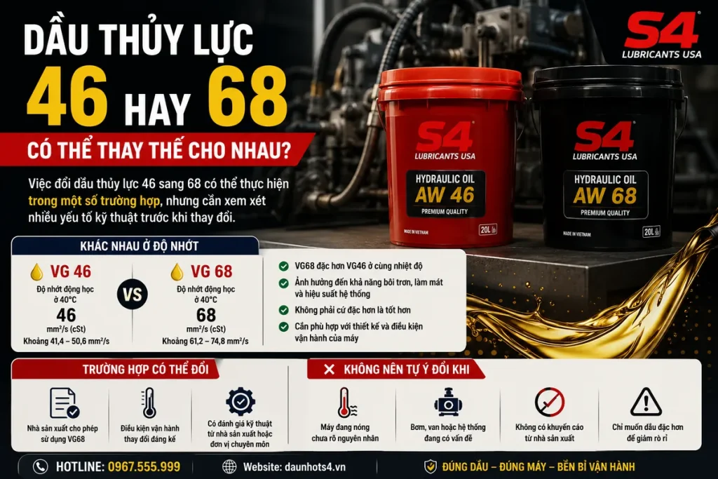 Dầu thủy lực 46 thay bằng 68 được không