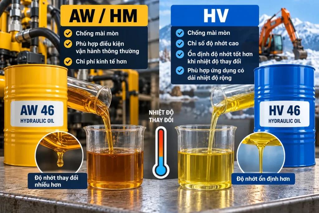 Dầu thủy lực AW HM và HV khác nhau