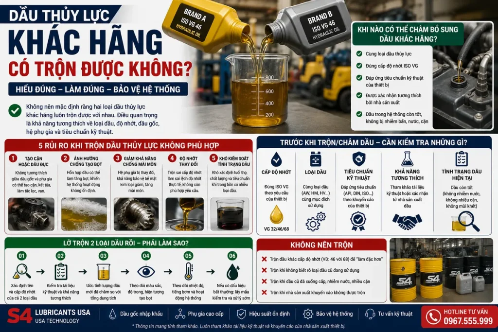 Dầu thủy lực khác hãng có trộn được không
