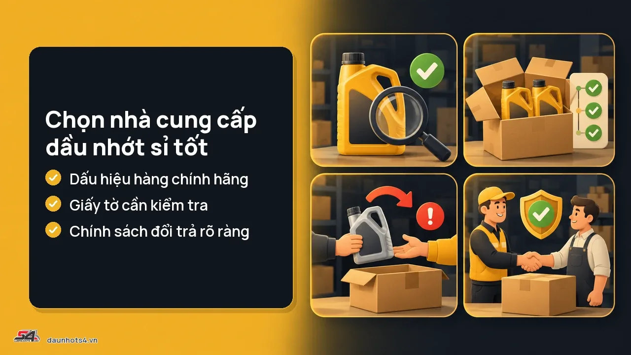Cách chọn nhà cung cấp dầu nhớt sỉ uy tín với hình mô tả các yếu tố cần kiểm tra