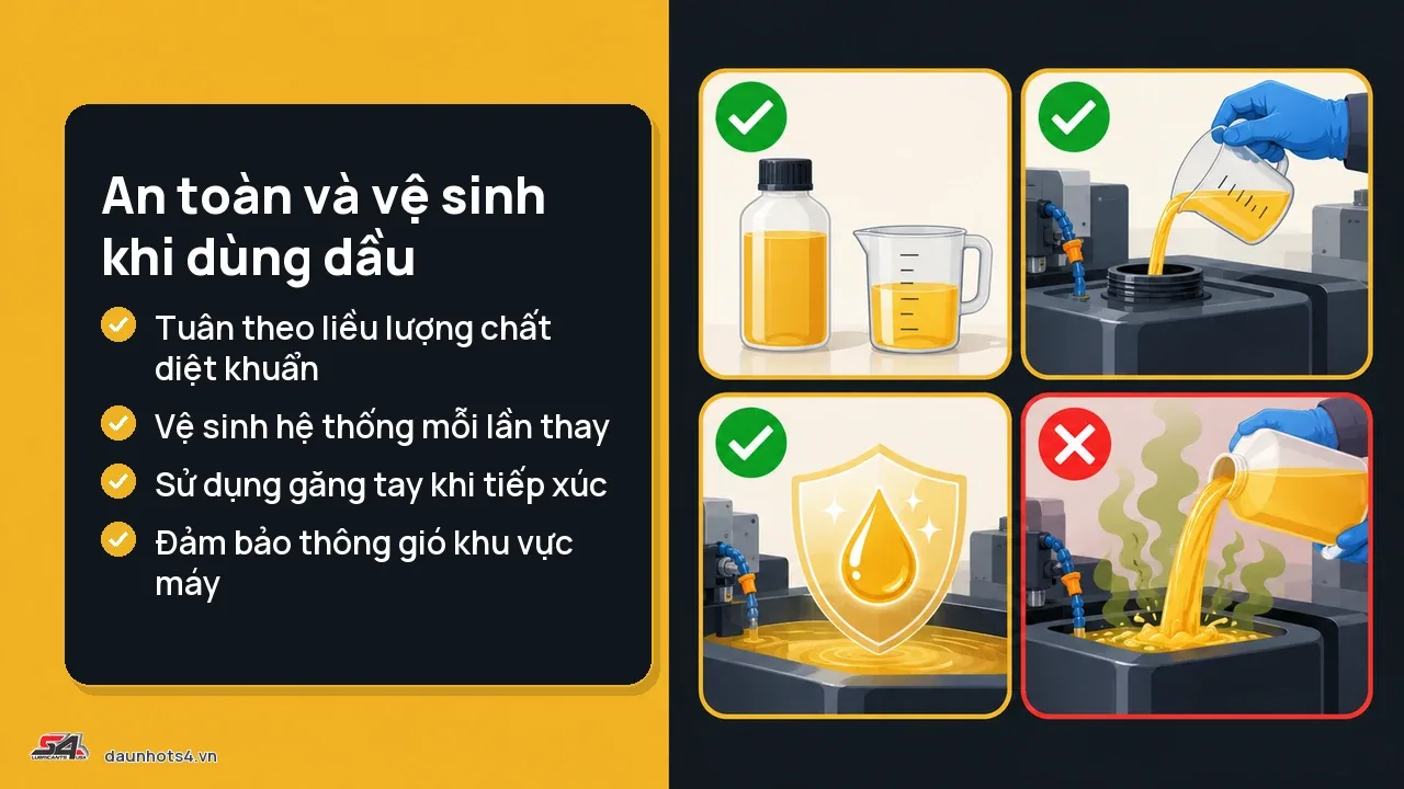 Hướng dẫn an toàn khi dùng dầu cắt gọt với các biểu tượng và hình ảnh mô tả.