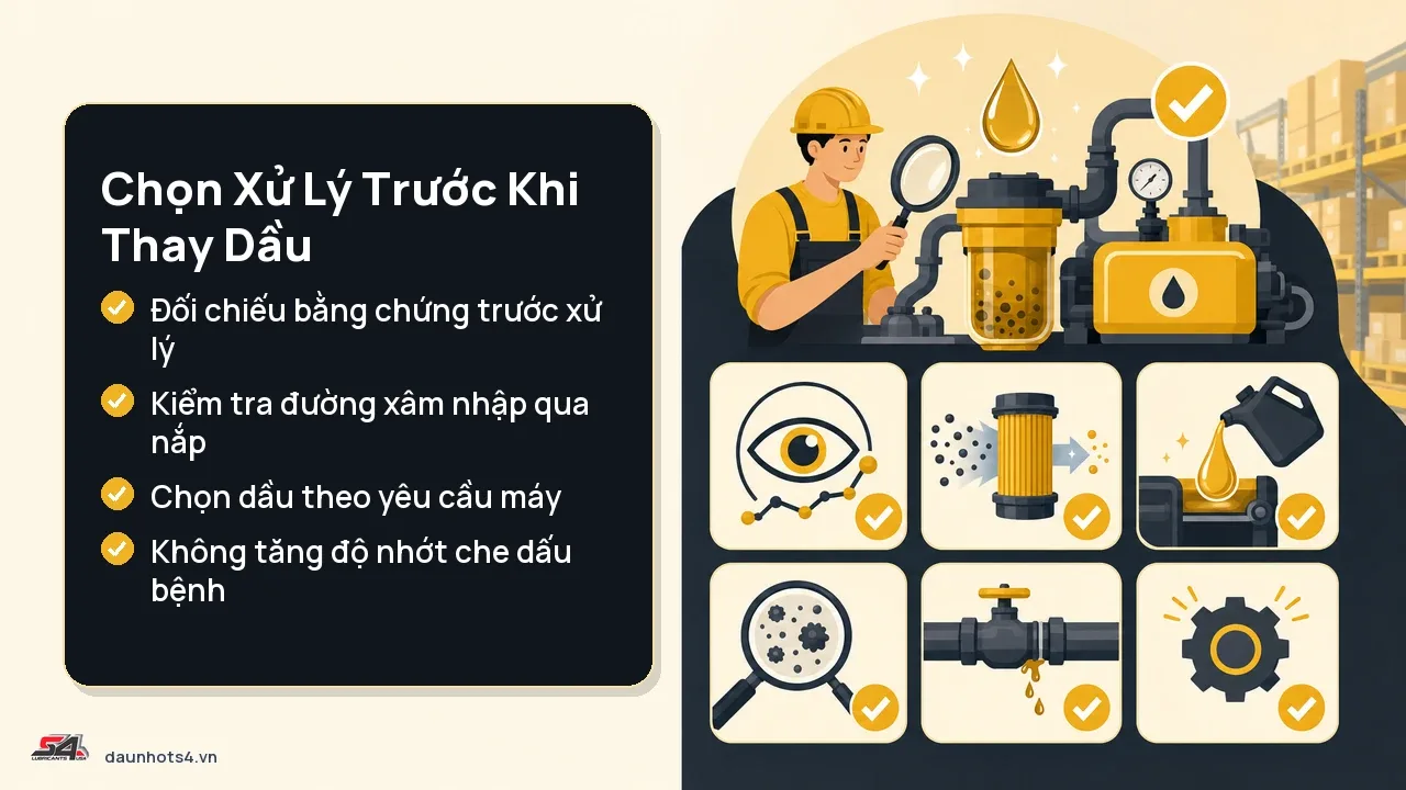 Ảnh về quy trình xử lý dầu thủy lực với các công cụ và người kỹ thuật viên kiểm tra.