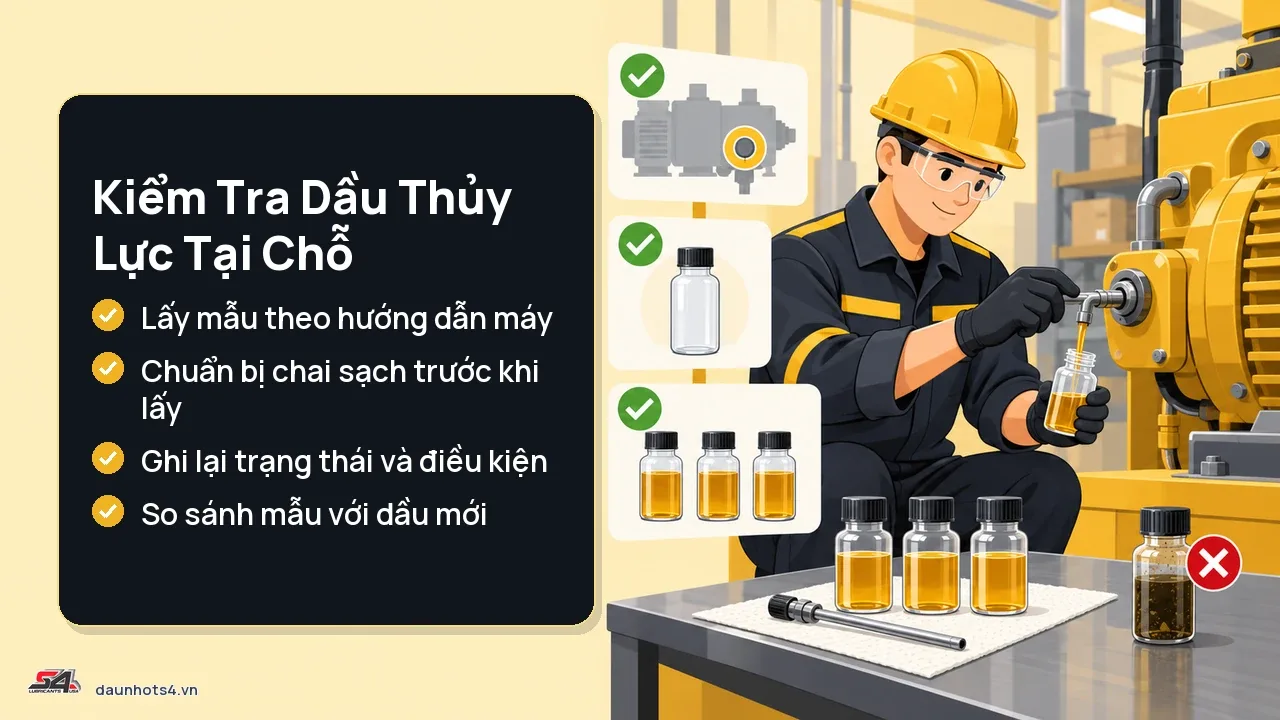 Kiểm tra dầu thủy lực với ánh sáng vàng, chai mẫu trên bàn và công nhân đang lấy mẫu.