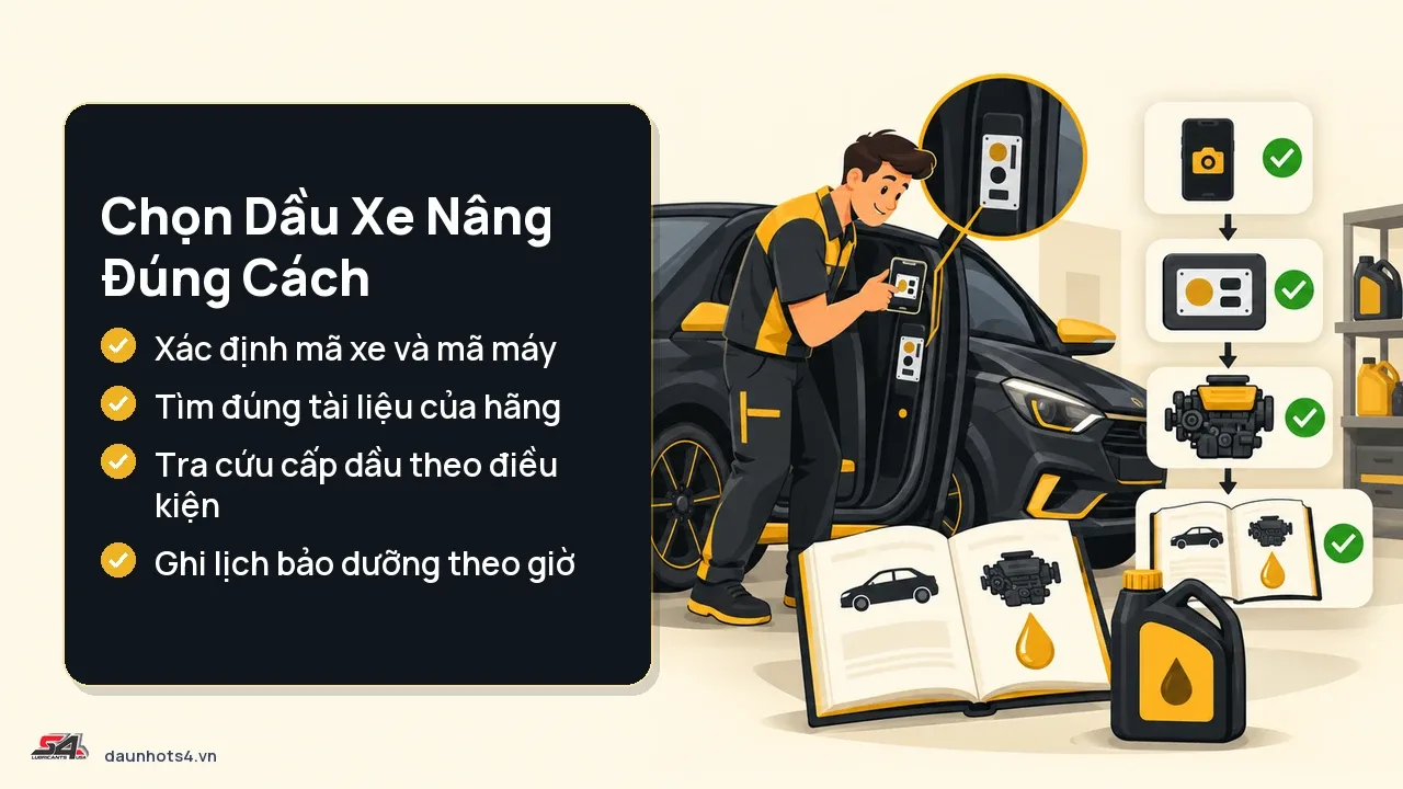 Cách chọn dầu xe nâng đúng với nhân viên đang kiểm tra nhãn sản phẩm và tài liệu.