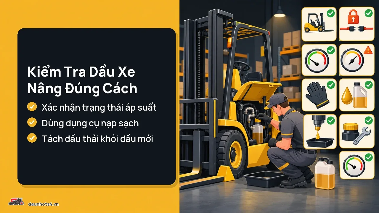 Kiểm tra dầu xe nâng với những bước xác nhận và dụng cụ cần thiết.