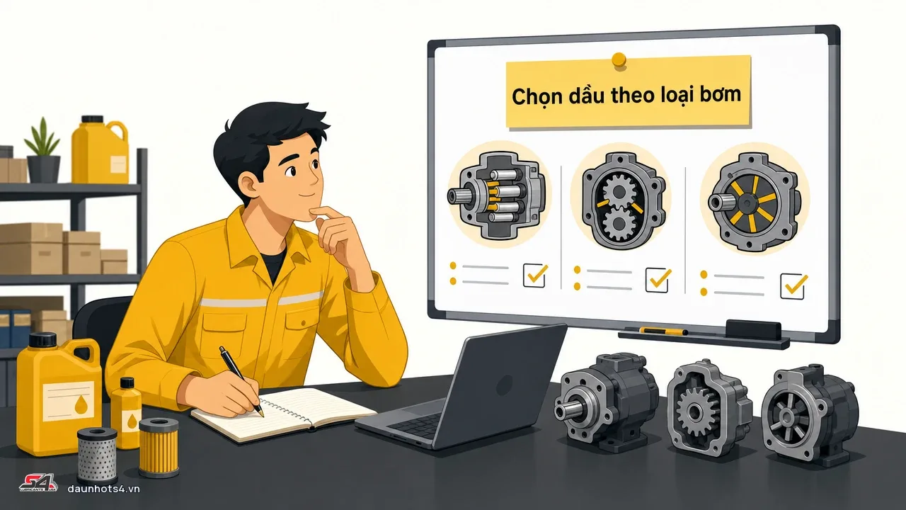 Hướng dẫn chọn dầu thủy lực cho loại bơm, có hình ảnh bơm piston, bơm bánh răng, và bơm cánh gạt.