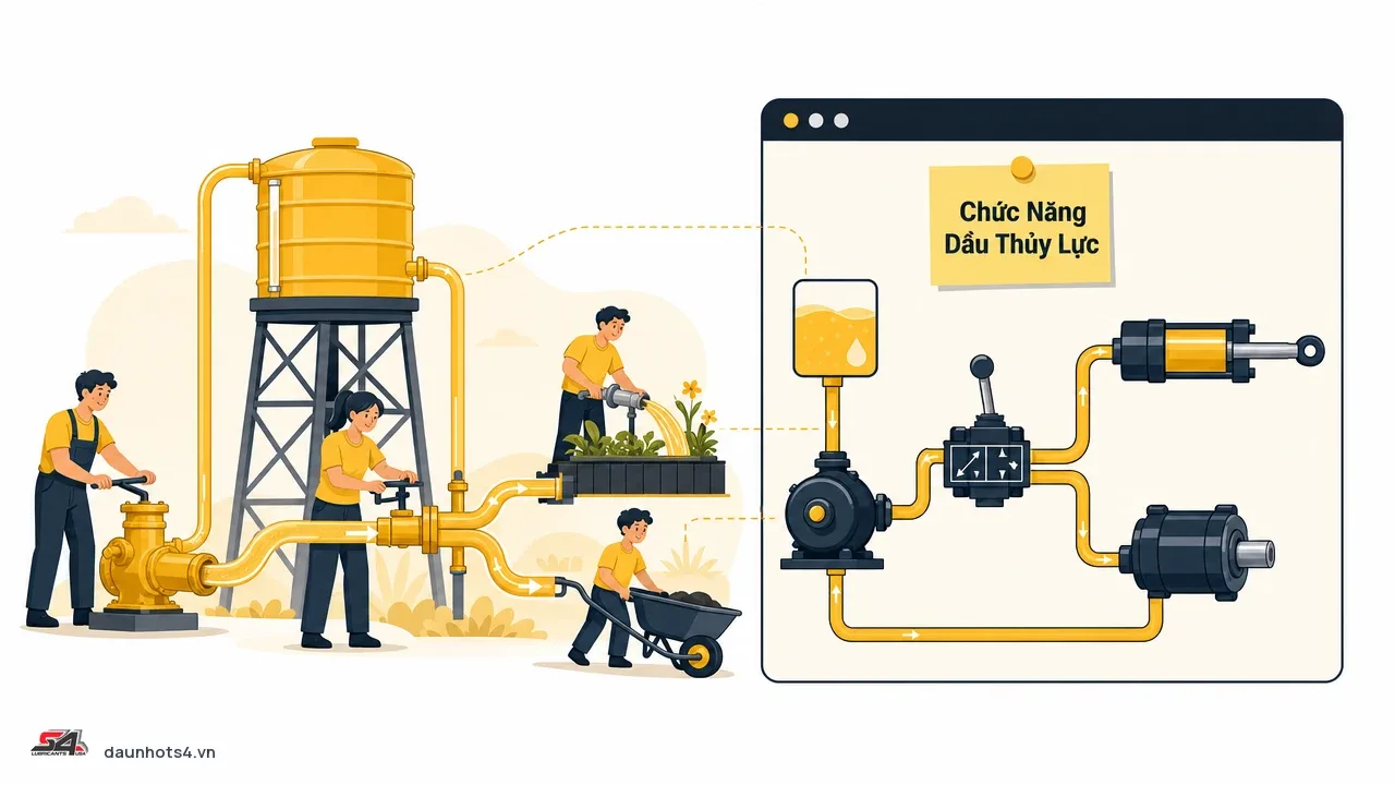 Chức năng của dầu thủy lực với hệ thống bơm, van và xi lanh thể hiện trong hình mô tả