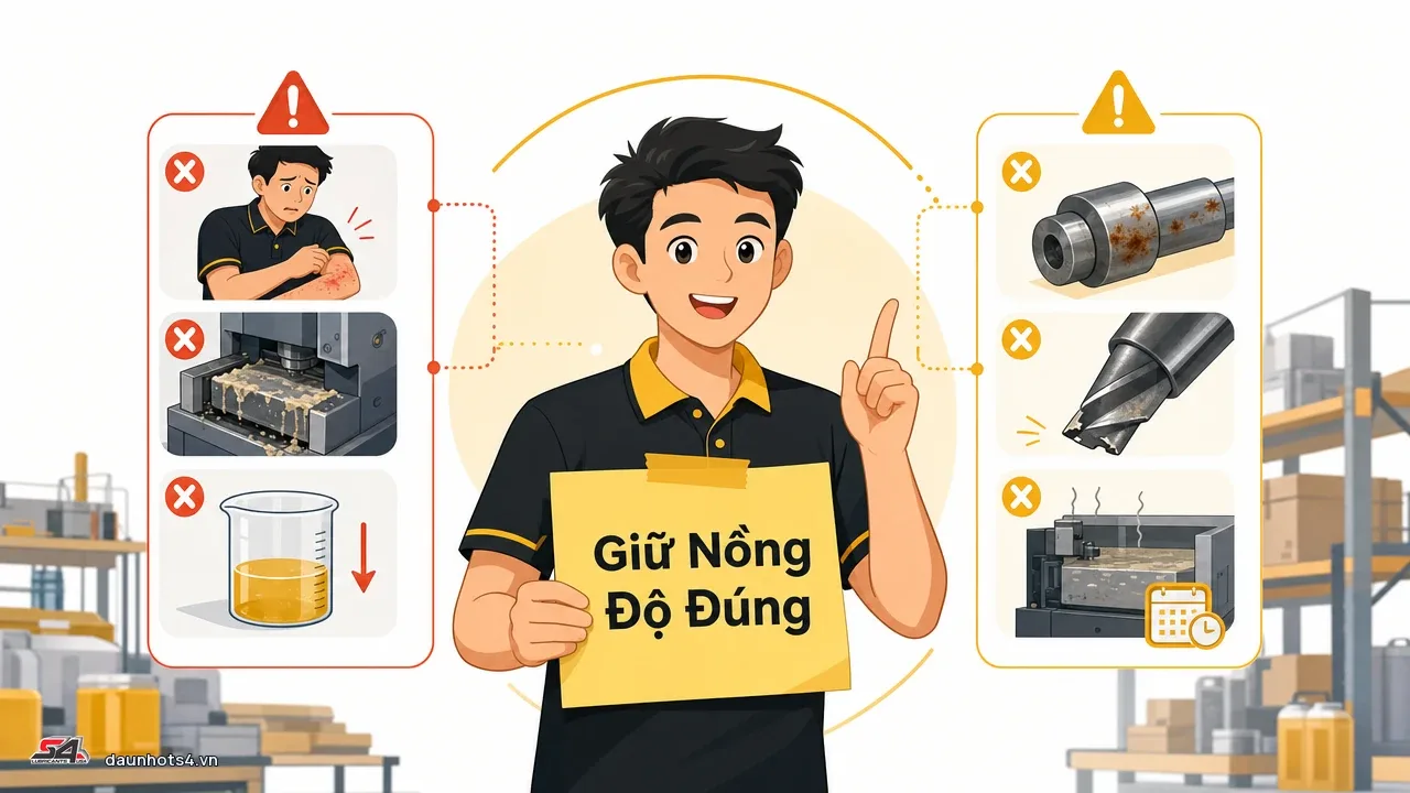Giữ nồng độ dung dịch cắt gọt đúng với hình ảnh người chỉ tay và hình ảnh ví dụ các tác hại.