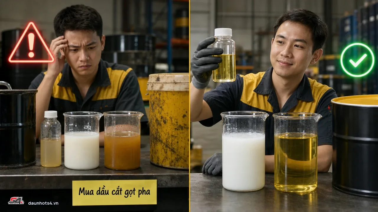 Mua dầu cắt gọt pha nước: 2 bên trái và phải là các loại dầu và người thử nghiệm với biểu tượng cảnh báo và dấu kiểm.