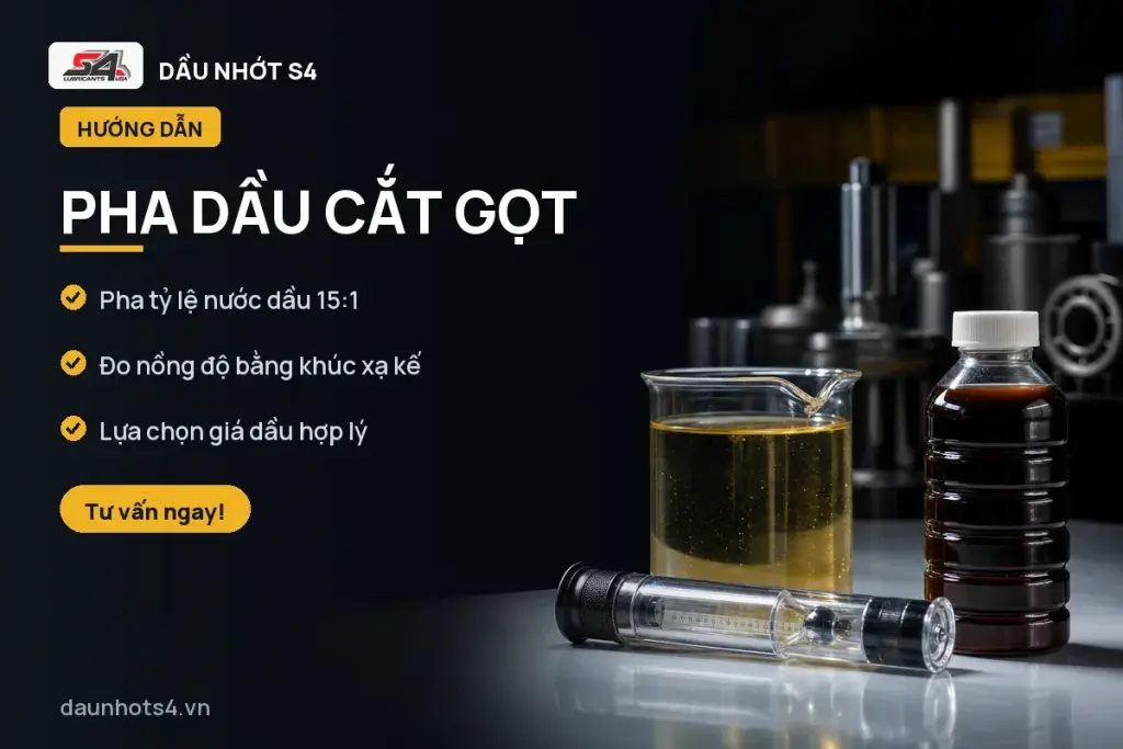 Pha Dầu Cắt Gọt: Một bình chứa nước, một chai dung dịch màu nâu và một ống đong trên bàn.