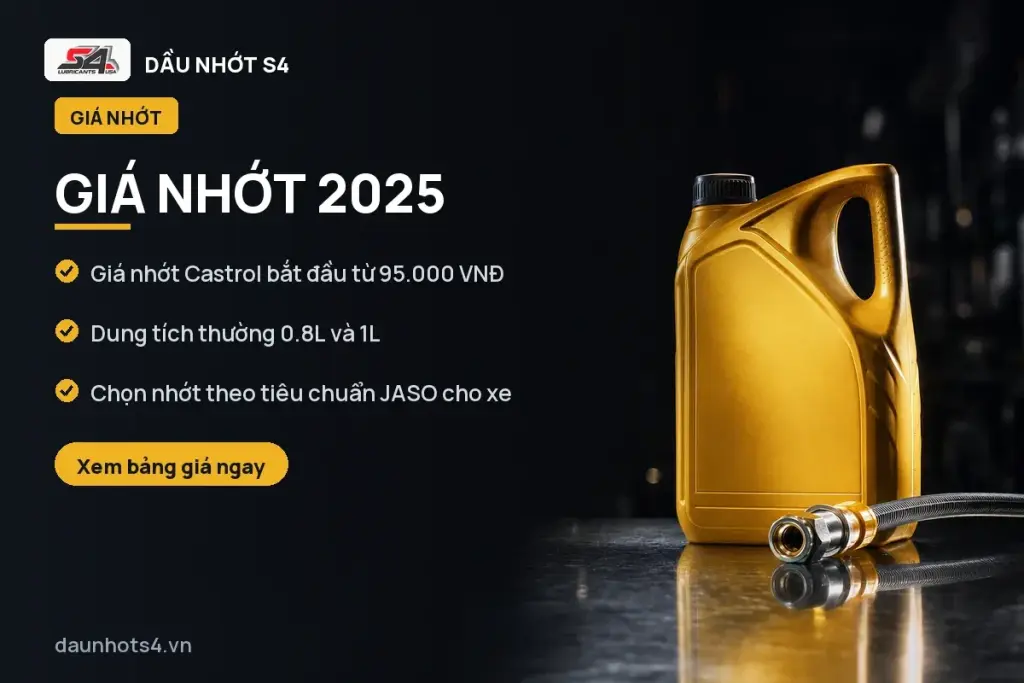 Giá Nhớt 2025: Chai nhớt màu vàng và ống dẫn ở bề mặt sáng.
