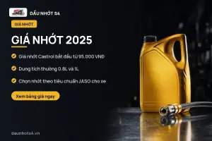 Giá Nhớt 2025: Chai nhớt màu vàng và ống dẫn ở bề mặt sáng.