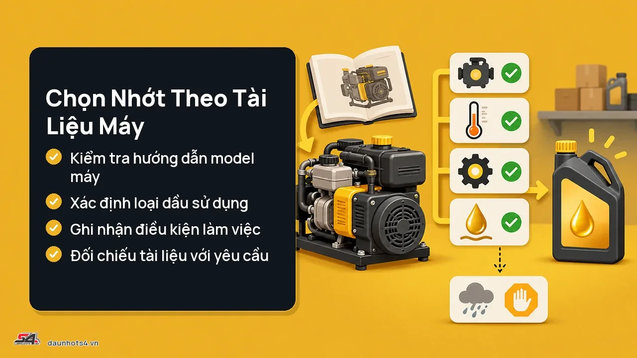 Chọn cấp nhớt cho máy dựa vào tài liệu hướng dẫn, thể hiện hình ảnh máy và biểu tượng liên quan.