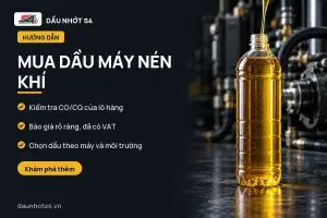 Mua dầu máy nén khí: Chai dầu máy nén khí màu vàng nổi bật trên nền tối với các chi tiết máy móc phía sau.