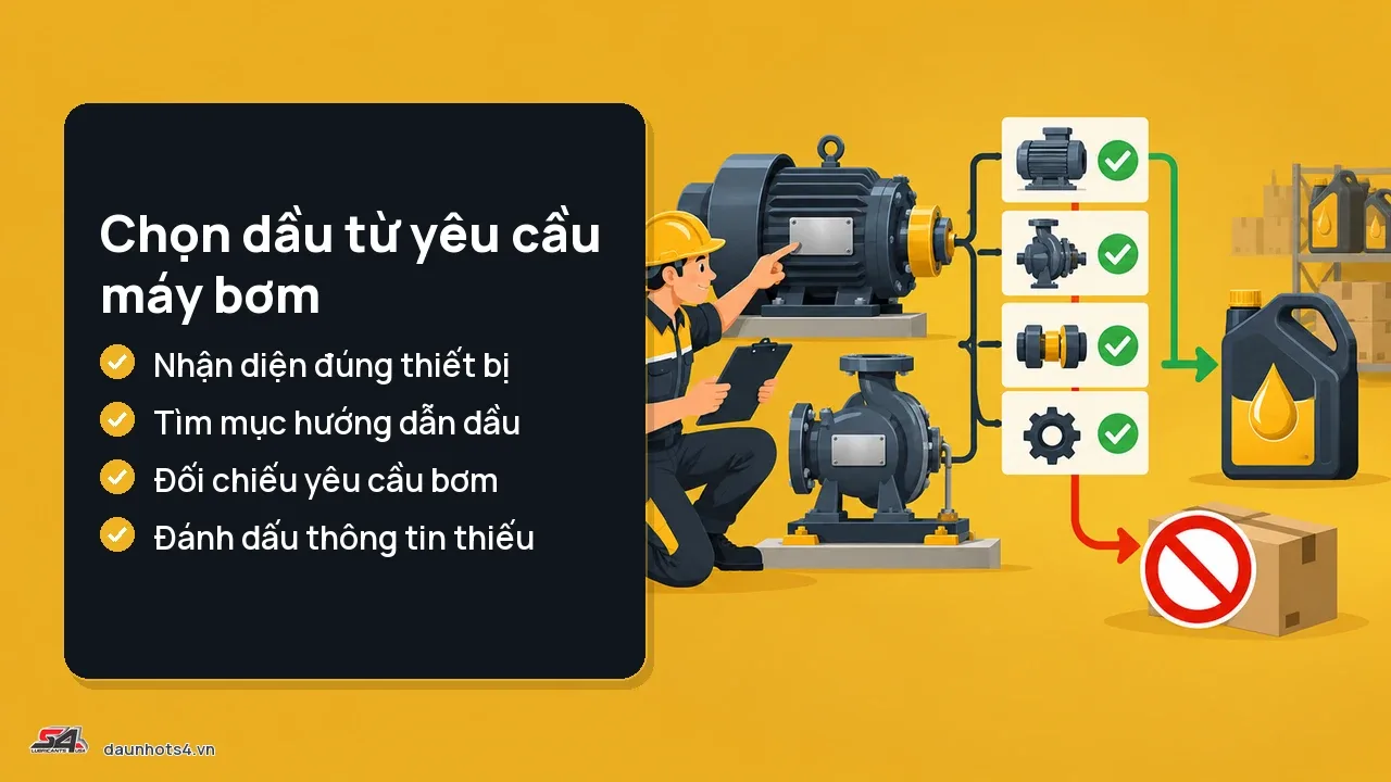 Chọn dầu cho máy bơm bằng cách xác định thiết bị và yêu cầu dẫn dầu. Hình ảnh có máy bơm và quy trình chọn dầu.