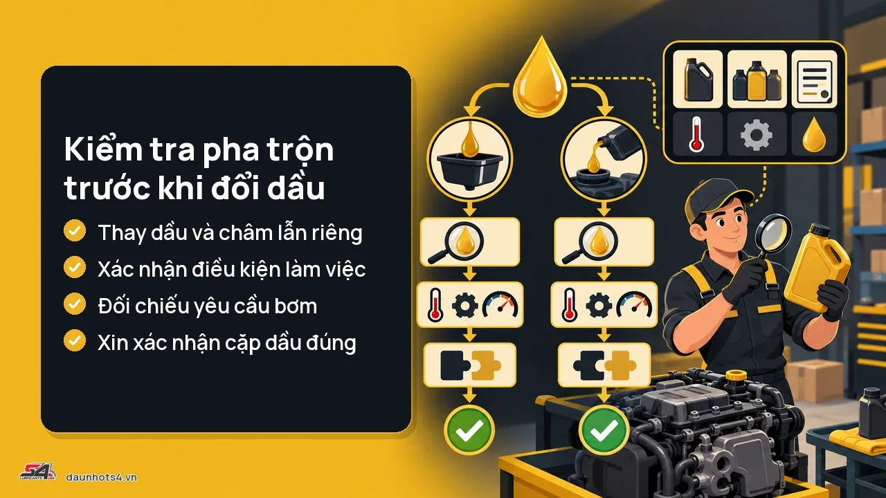Kiểm tra điều kiện làm việc và thay dầu với hình ảnh một kỹ thuật viên đang tiến hành kiểm tra dầu.